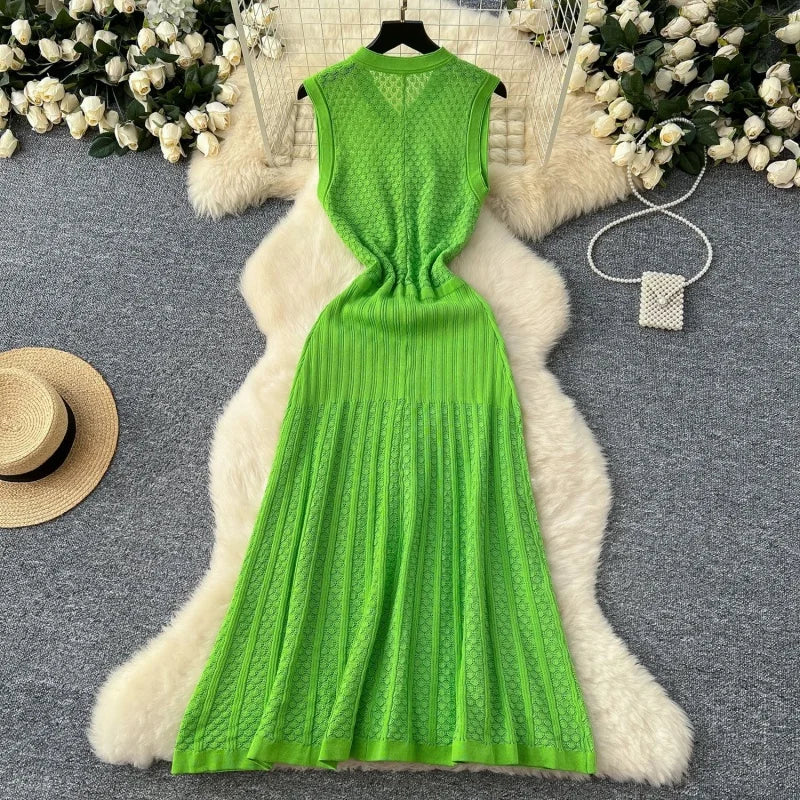 Sleeveless Knitted Bodycon Mid Calf Dress for Women