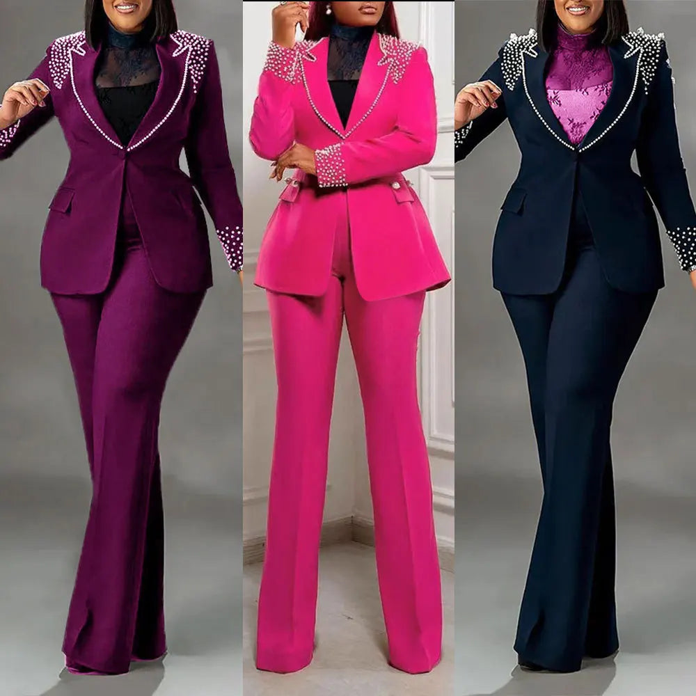 Elegant Slim Fit Pearl Blazer And Pants Set for Women