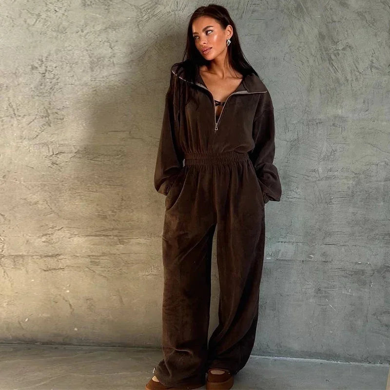 Casual Brown Stand Collar Long Sleeve Jumpsuit for Women
