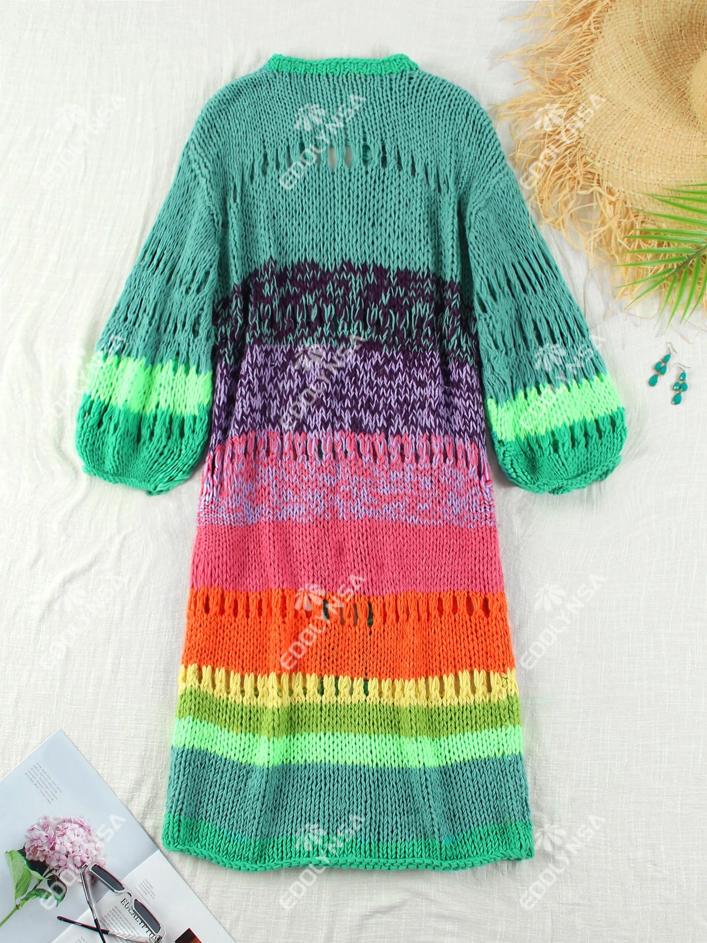 Boho Colorful Luxuriously Handknit Bell Sleeve Crochet Loose Kimono Cardigan 2024 Women Fall Winter Coat Beach Coverup Dress K12