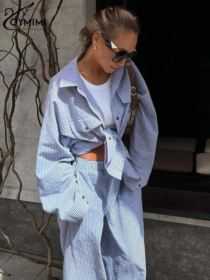 Oymimi Casual Dark Blue Print Women's Two Pieces Set Elegant Long Sleeve Button Shirt And Low Waist Straight Trousers Female Set