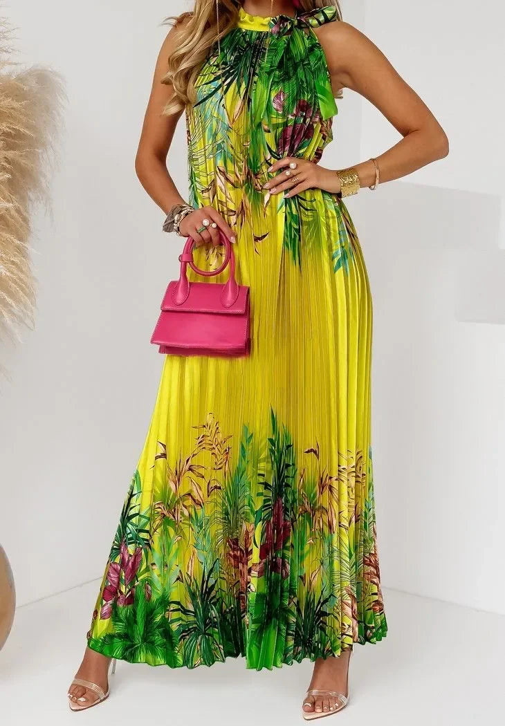 Wmstar Women Dress Lady Casual Loose Halter Pleated Maxi Fashion Leaf Print Sleeveless Beach Boho Elegant Halter Long Dresses