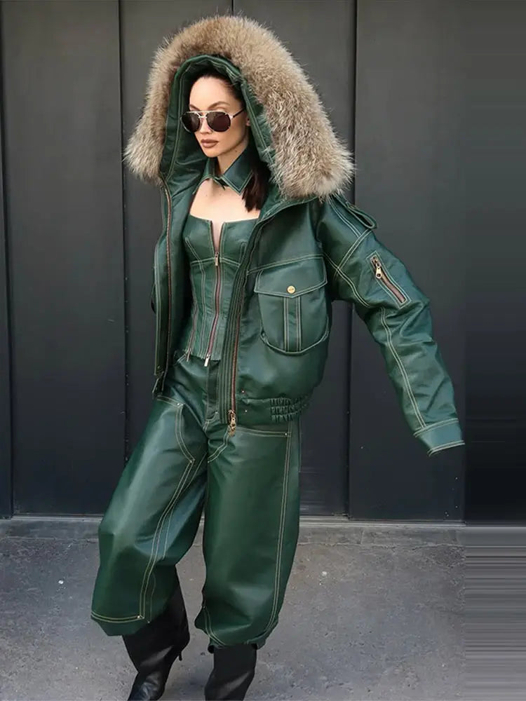 Fur Collar Women 's Leather Jackets Vintage Hooded Zipper Pockets Full Sleeve Jackets Lady 2025 New Woman Winter Coats Outwears