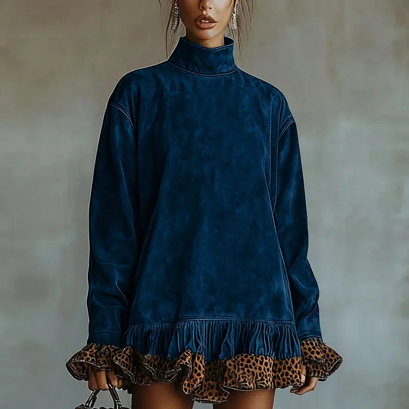Vintage Fashion Patchwork Leopard Ruffle Dress Woman Casual Turtleneck Slim Mini Dress Autumn Long Sleeve Female Pullovers Dress