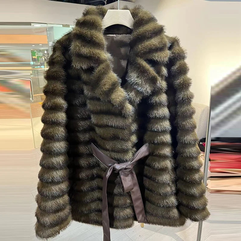 Faux Fur Belted Lapel Coat With Lace Up Front for Women