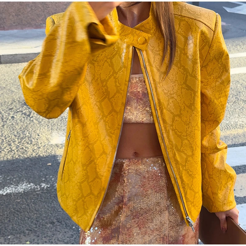 Retro Snake Print Faux Leather Cropped Jacket for Women