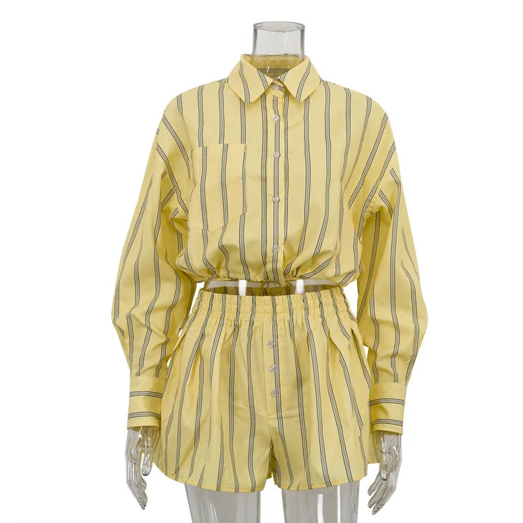 Long Sleeve Crop Top Striped Two Piece Shorts Set for Women