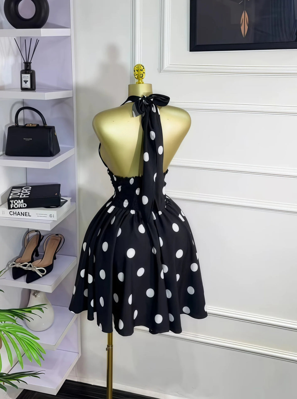 Retro Halter Neck Polka Dot Chiffon Mini Dress for Women
