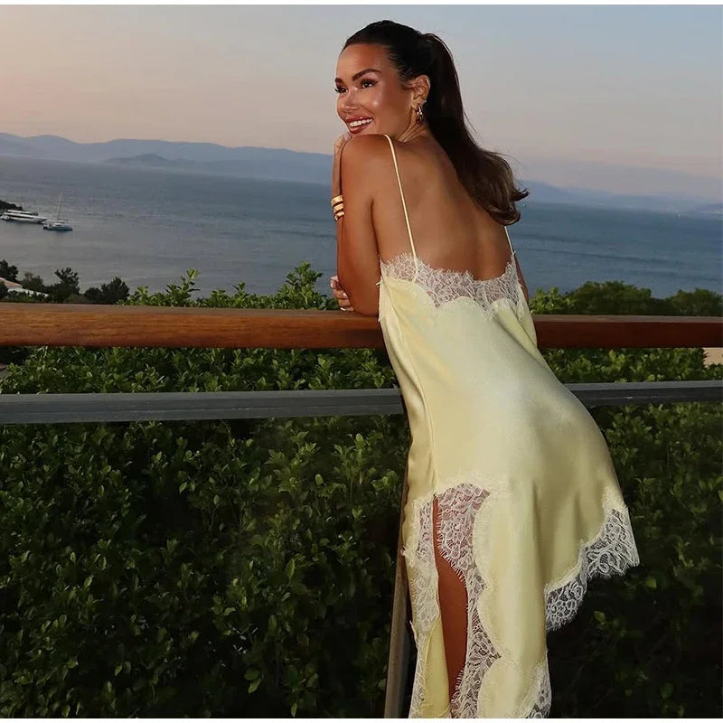 Brown Satin Lace Splicing Sling Dress Women Elegant Irregular Hem V Neck Backless Sleeveless Gown Chic Women Party Club Vestidos