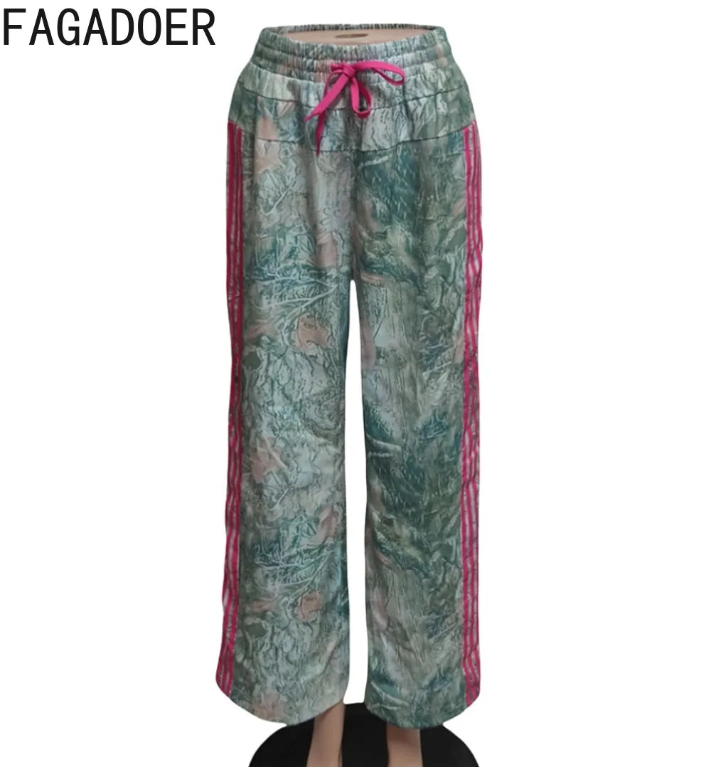 HLJ Fashion Camouflage Print Straight Leg Pants Women Stripe Drawstring Patchwork Pants Casual Female Streetwear Bottoms 2025