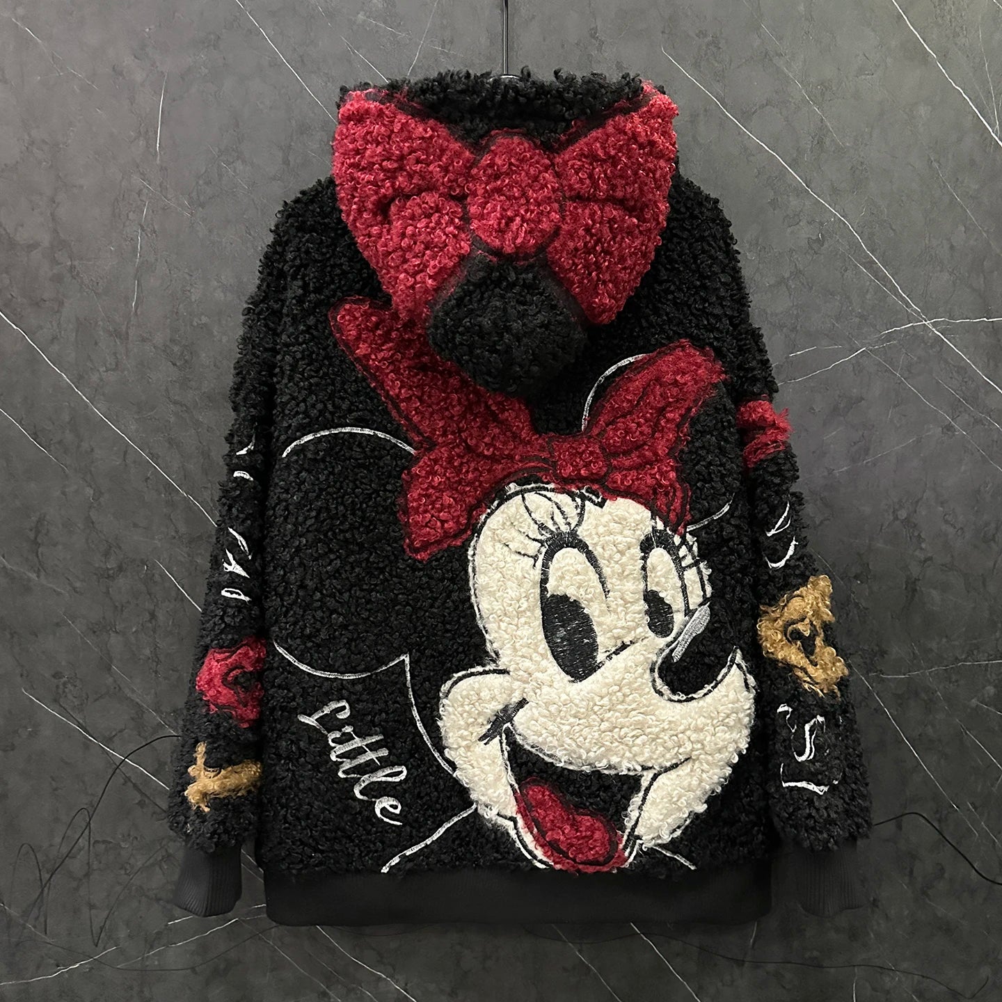 Fashion Autumn Winter Fluffy Overcoat Cute Minnie Loose Hooded Zip Cardigans Coat Mid-long Long Sleeve Sweet Lambswool Jacket