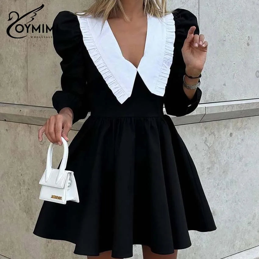 Oymimi Elegant Black Patchwork Women's Dress Casual Peter Pan Collar Three Quarter Sleeve Dresses Fashion Pleated Mini Dresses