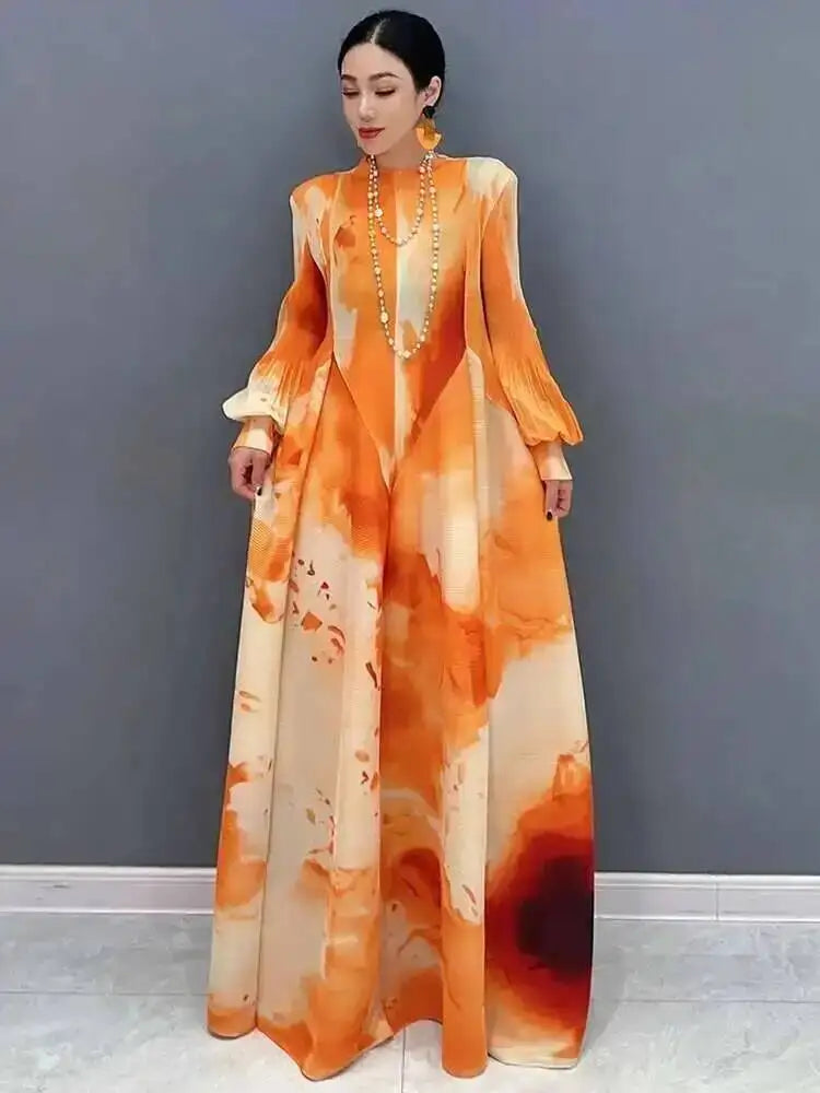 Printed Chiffon Ankle Length Dress With Bubble Sleeves for Women