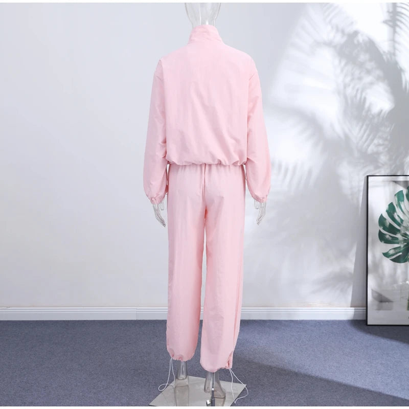 Solid Loose Suit Set with Stand Collar Crop Top and Drawstring Pants for Women