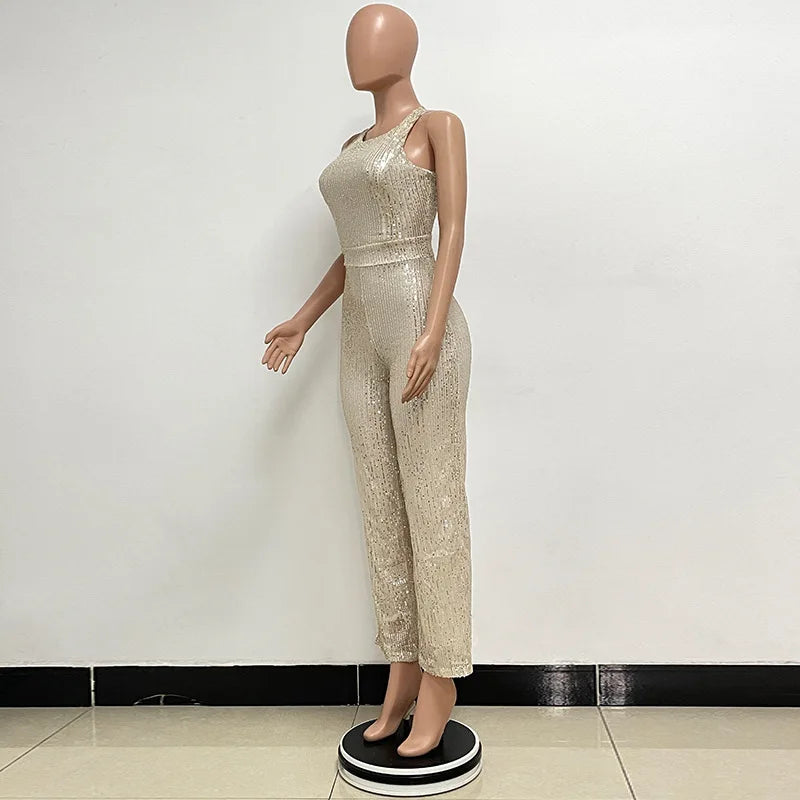 Elegant Silver Sequined Straight Cut Jumpsuit for Women