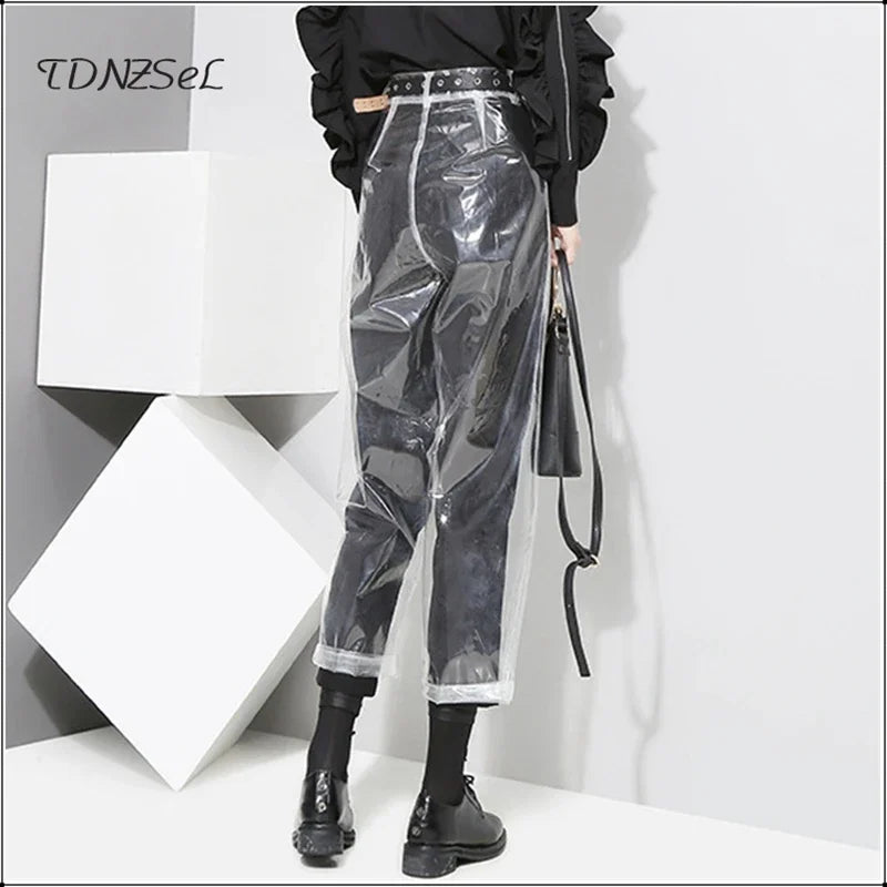 Transparent Loose PVC Straight Pants With Elastic Waist For Women