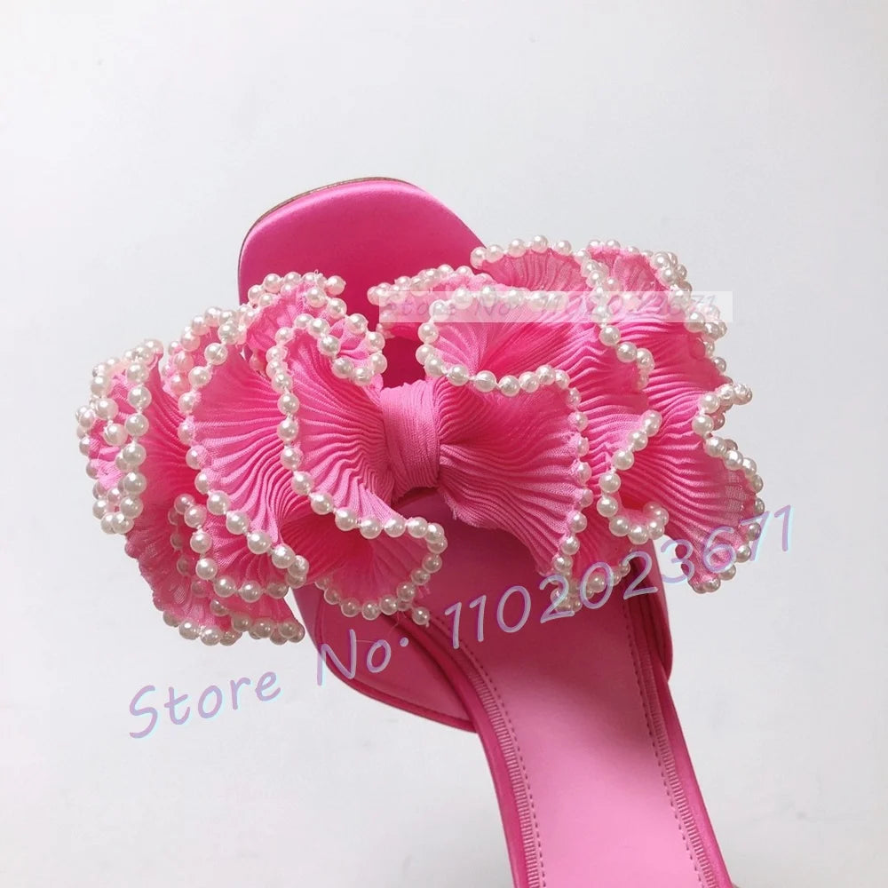 Satin Floral Open Toe Mules With Pearl Trim For Women