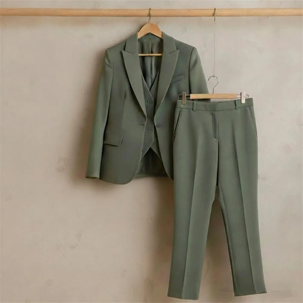 Elegant Sage Green Tailored Three Piece Suit For Women