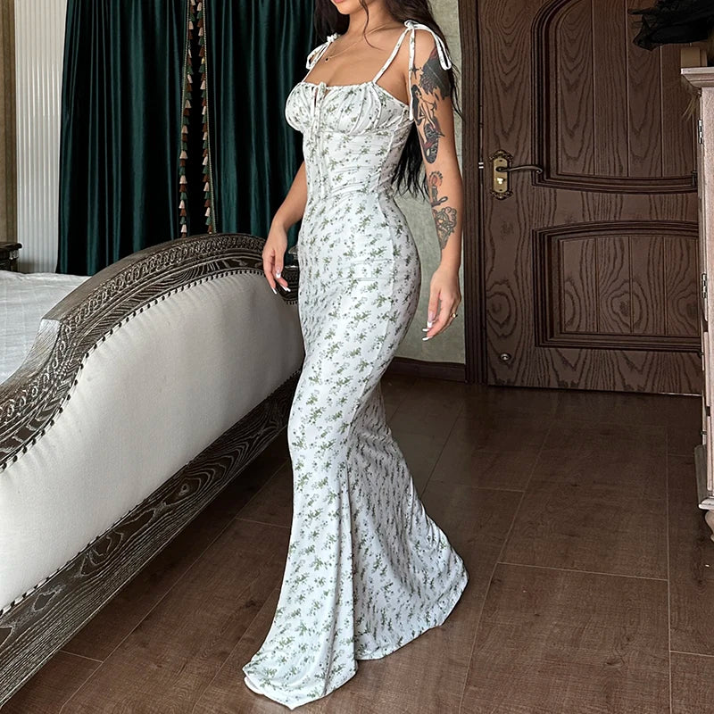 Sleeveless Floral Print Lace Up Backless Maxi Dress for Women