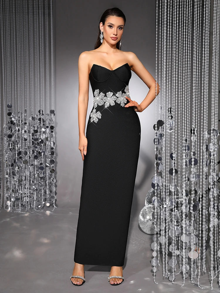 Strapless Crystal Flower Embellished Bodycon Maxi Dress for Women