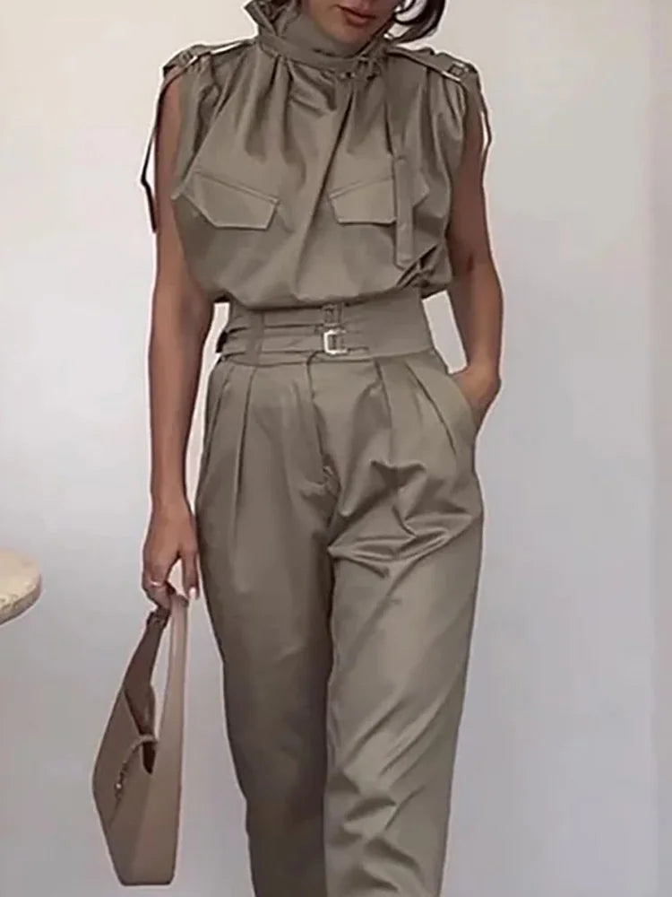 Sleeveless Turtleneck Simple Matching Set, Women Summer Cargo Pants Fashion Outfit, Solid Patchwork Chic Ladies Suits Streetwear