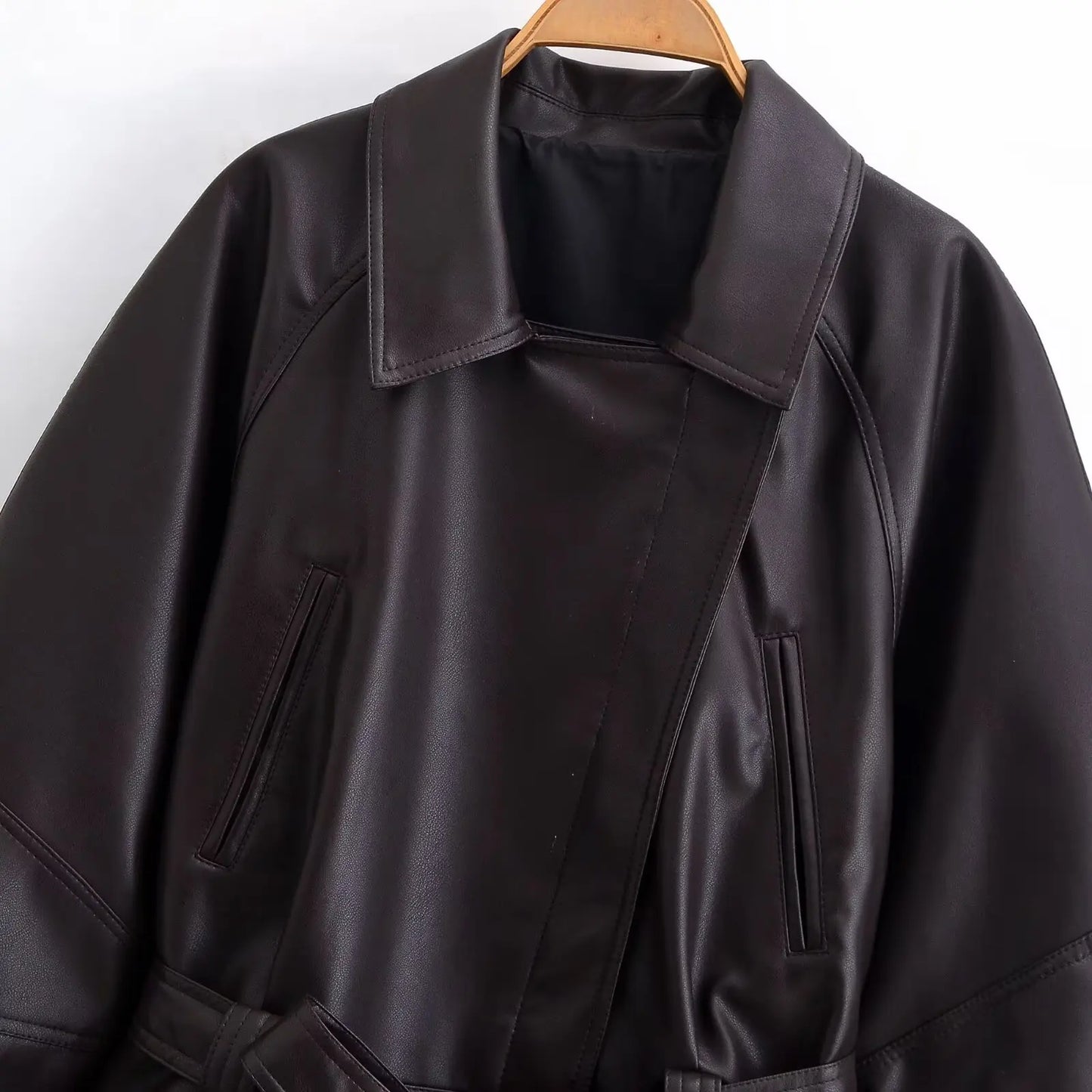 Vintage Black Belted Faux Leather Jacket for Women