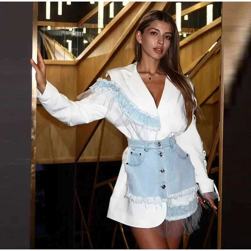 Stylish Patchwork Denim Mini Dresses Lace Deep V-neck Jacket Sexy Irregular Casual-chic Sexy Edgy Top Designers Streetwear