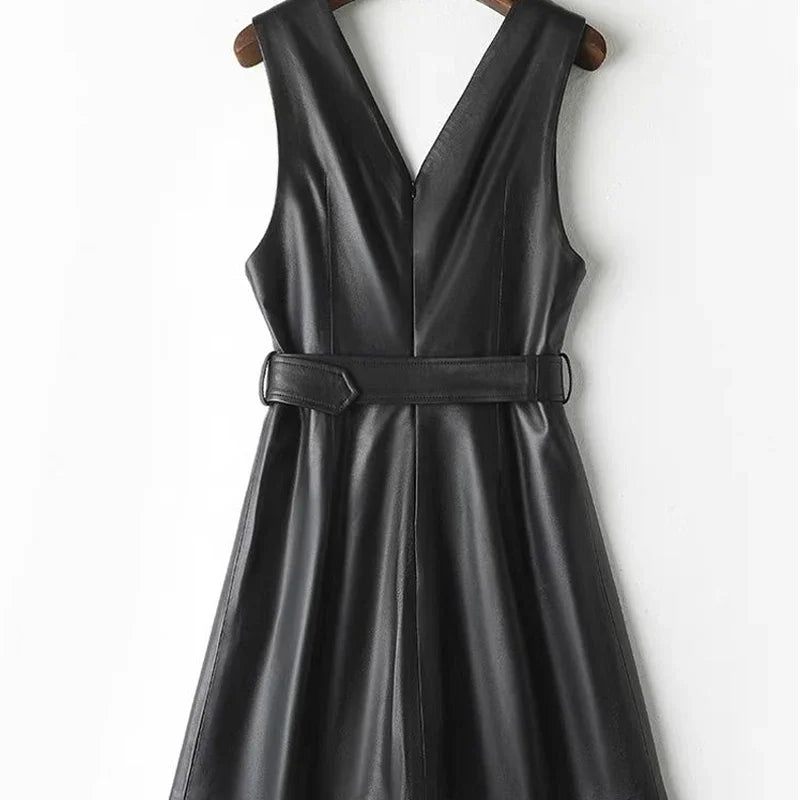 Elegant Sleeveless V Neck Leather Mini Dress With Belt For Women