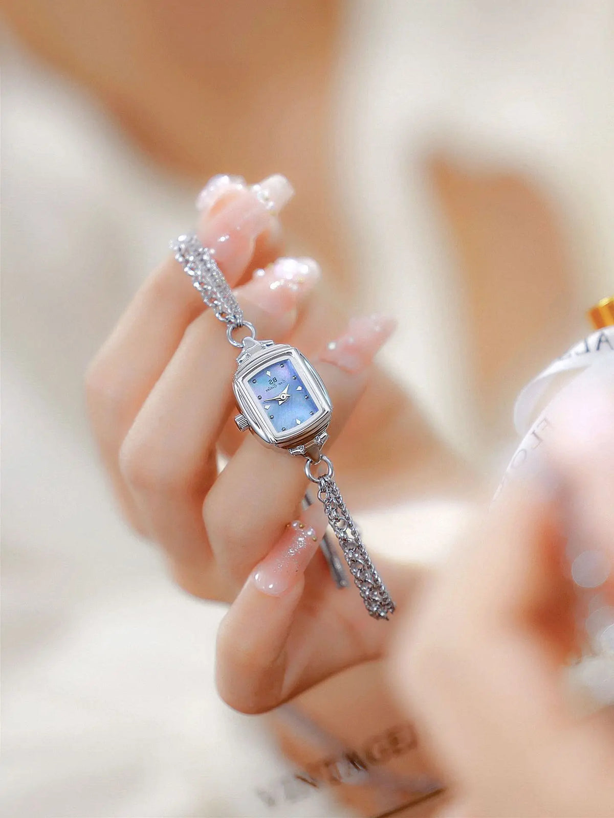Light Blue Bracelet Watch With Silver Quartz Movement for Women