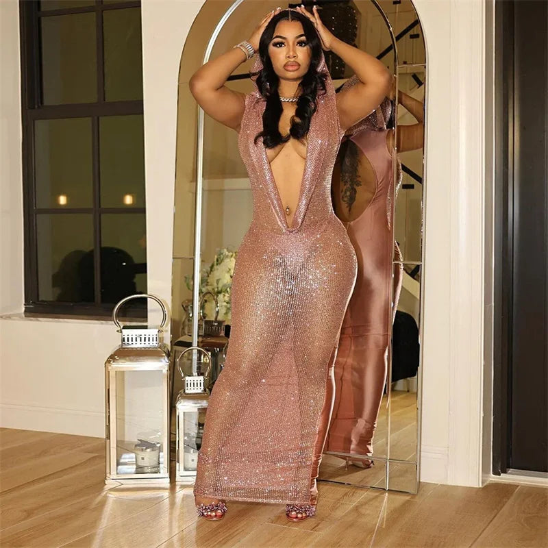 Sequined Mesh Sleeveless Deep V Neck Hooded Maxi Dress for Women