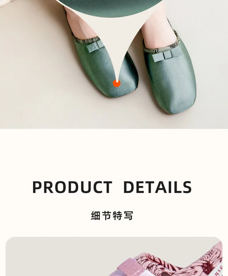 Elegant Silk Print Butterfly Knot Flat Slippers for Women
