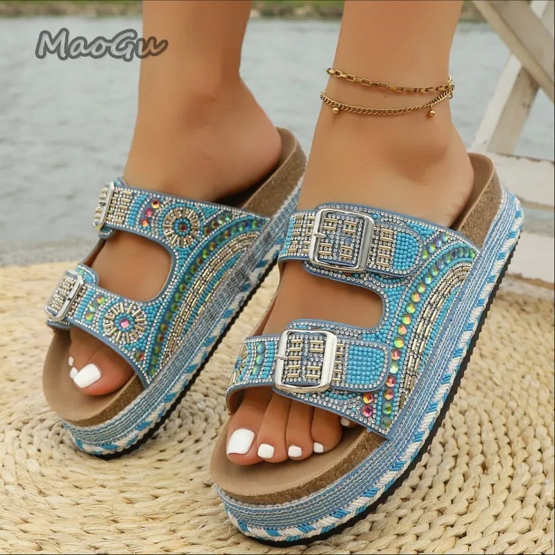 Bohemian Rhinestone Embroidered Platform Sandals For Women