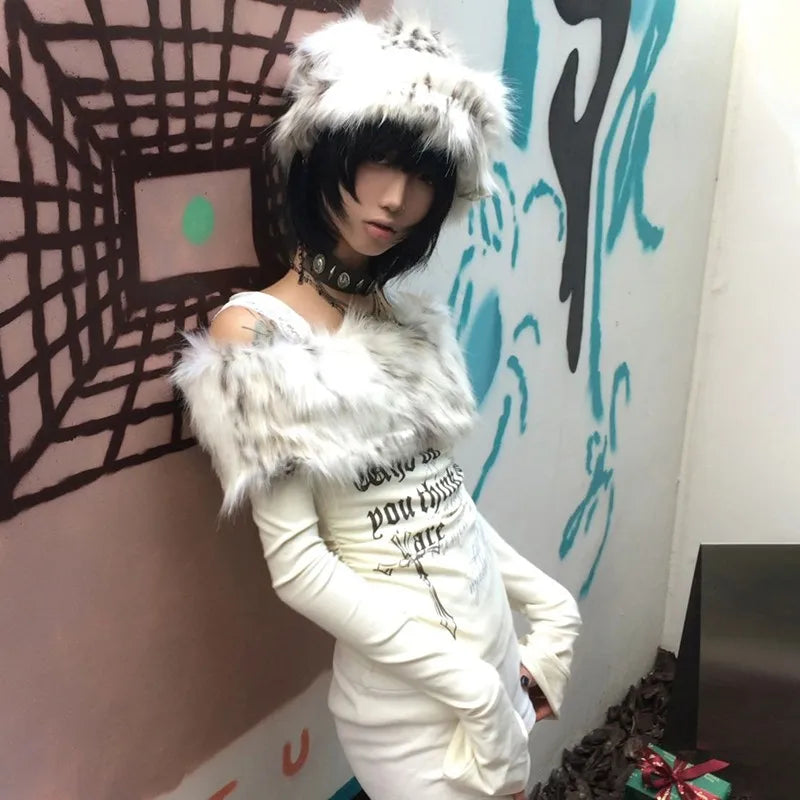 Karrram Japanese Y2k Fur Collar Tops 2000s Aesthetics Off Shoulder Knit Tops Vintage Harajuku Letter Print Long Sleeve T-shirt