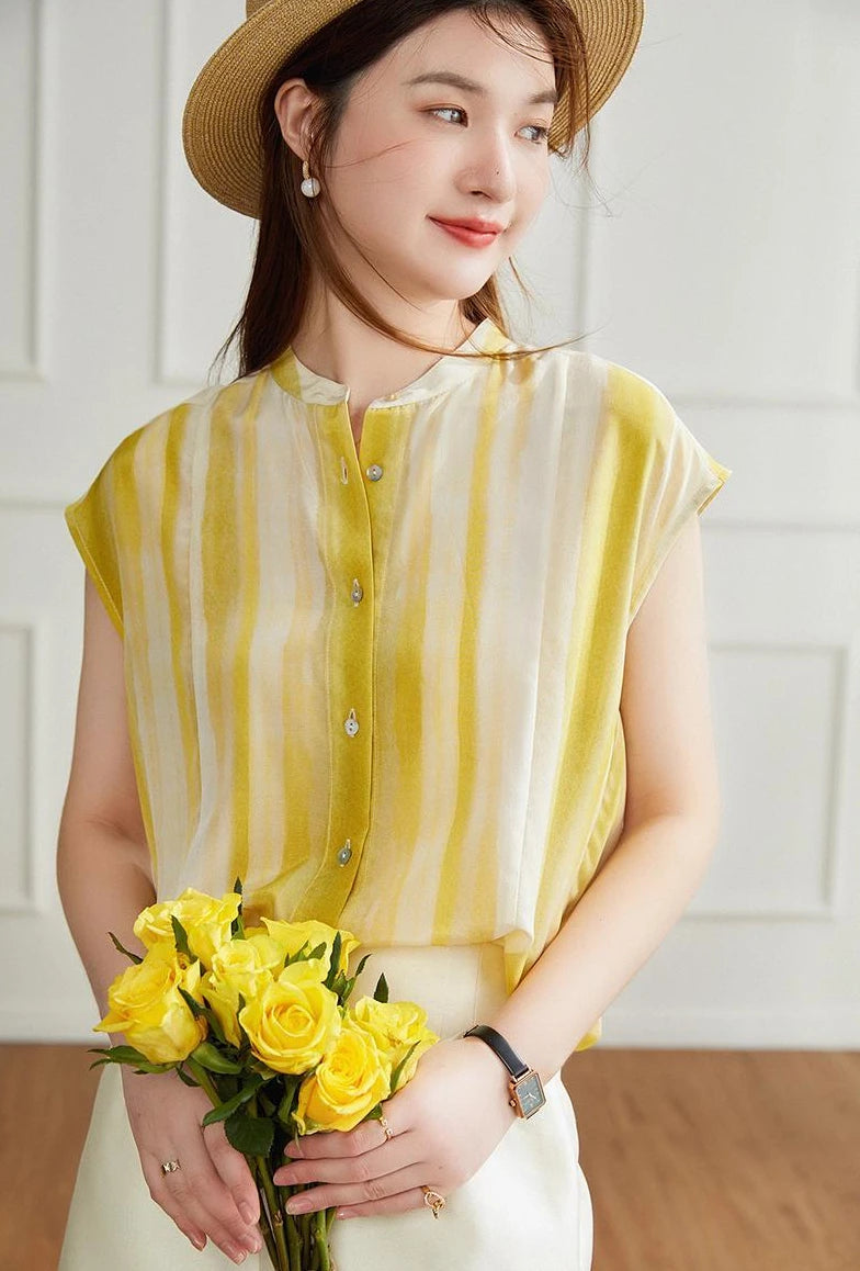Women's Shirt and Blouse Chiffon Yellow Sleeveless Striped Female Tops Loose Summer Button Up Y2k Fashion Sale of Pretty Xl M