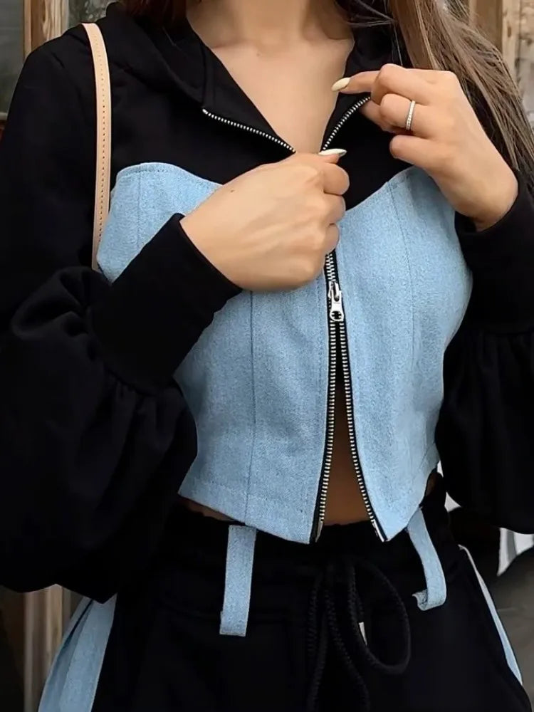 Fashion Patchwork Denim 2 Piece Sets Women Zip Hoodies Crop Top Wide Leg Sweatpants Suit Streetwear Casual Tracksuits Outfits