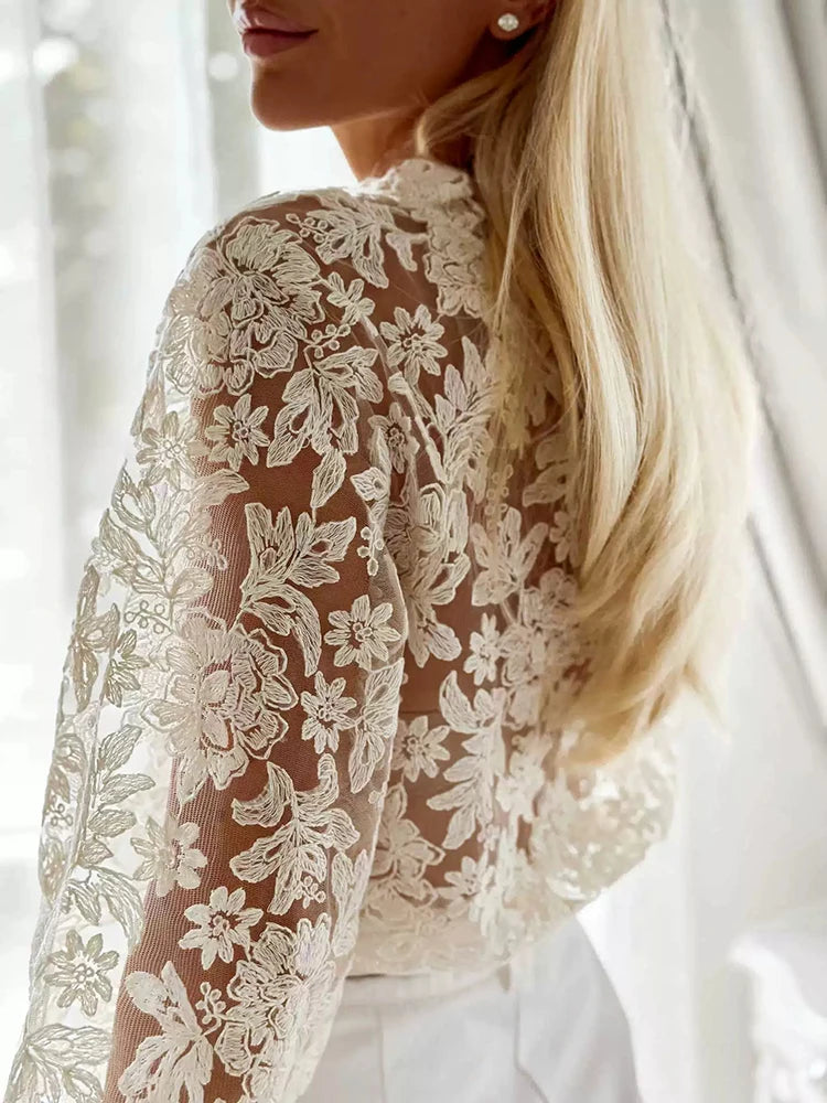 Lace Embroidered V Neck Long Sleeve Blouse for Women