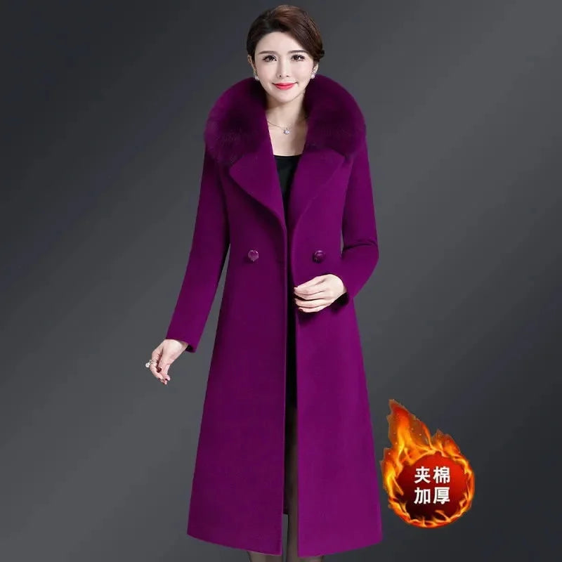 High Quality Big Fur Collar Woolen Coat Women Belt Knee-Length Double Breasted Mid-Long Woolen Jacket For Autumn Winter Outcoat