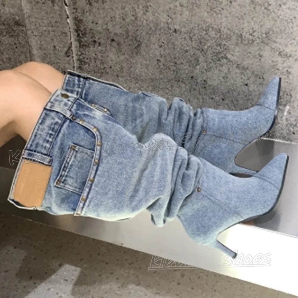 Pocket Over The Knee Boots Denim Cloth Slip-On Bottom Solid Color Novelty Fashion Concise Sexy Hot Girls Shoes Pointy Thin Heels