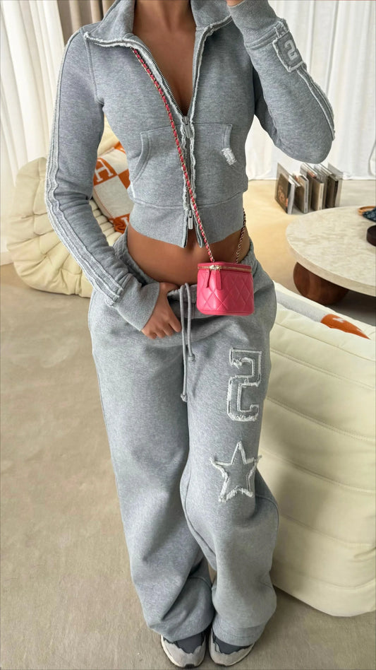 Letter Embroidery Zip Hoodie Set