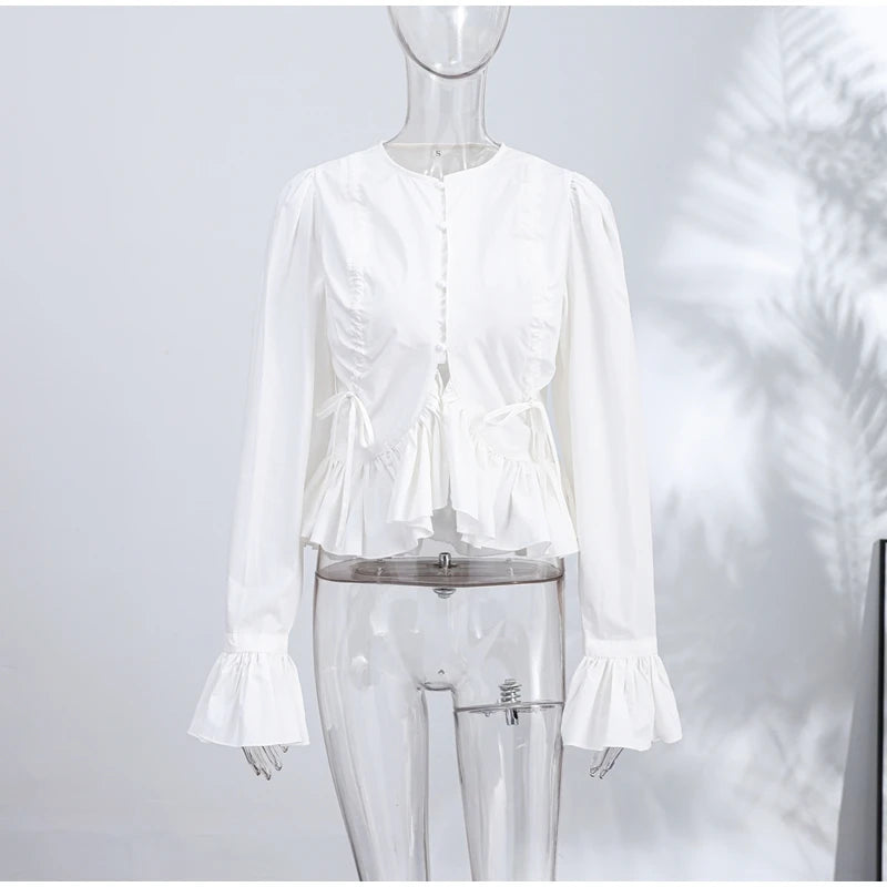 Chic Solid Ruffle Pleated Puff Sleeve Shirt for Women