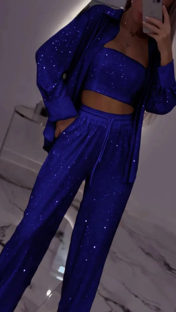 Casual Sequined Blazer With Wide Leg Pants Set For Women