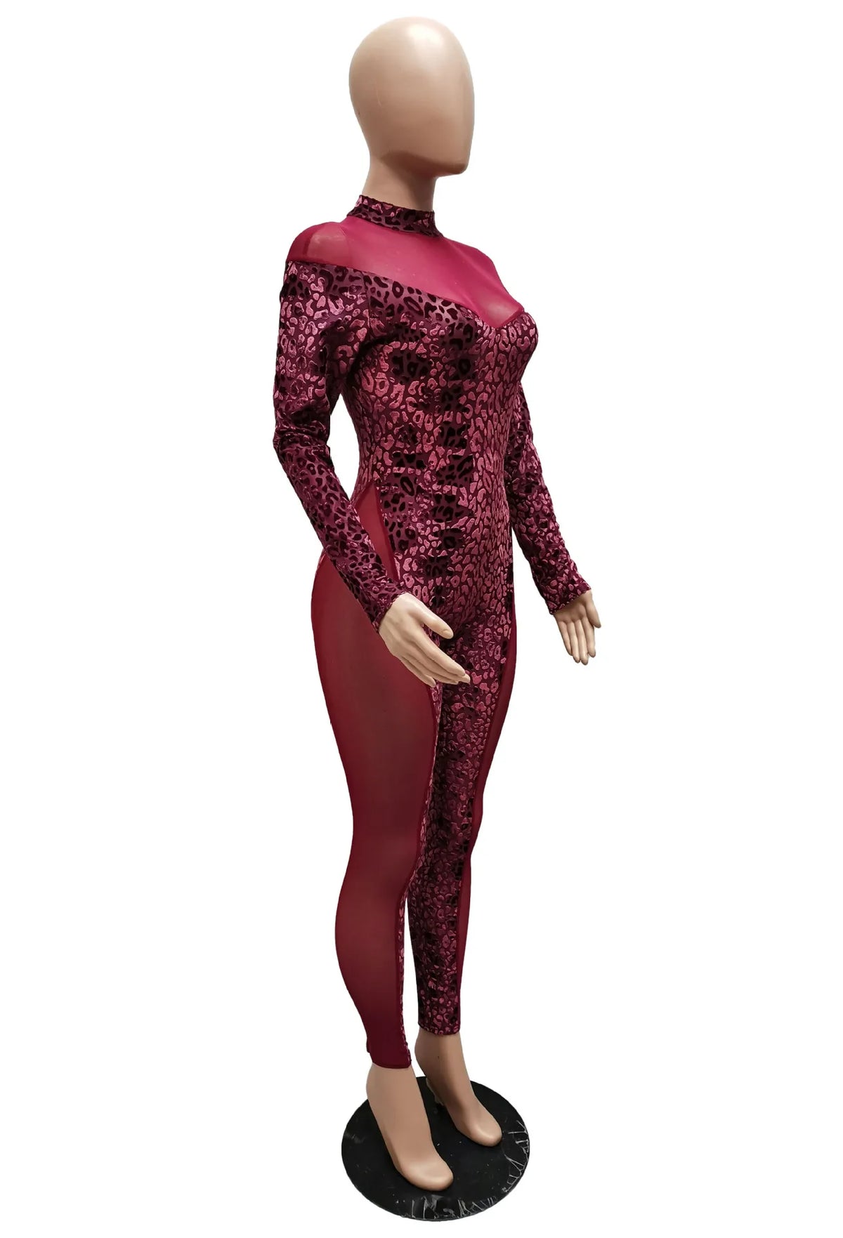 Sheer Leopard Mesh Jumpsuit With Long Sleeves for Women