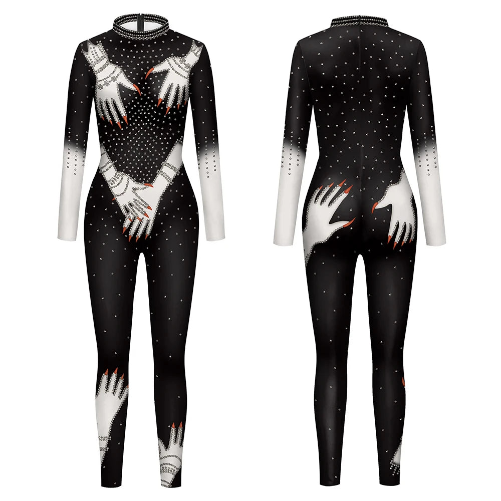 Elegant Skin Color Rhinestone Print Jumpsuit for Women