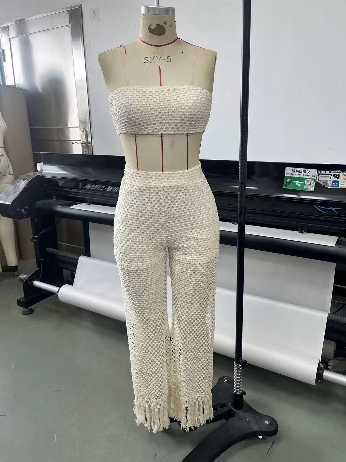 Crochet Bandeau Top and Tassel Wide Leg Pants Set for Women
