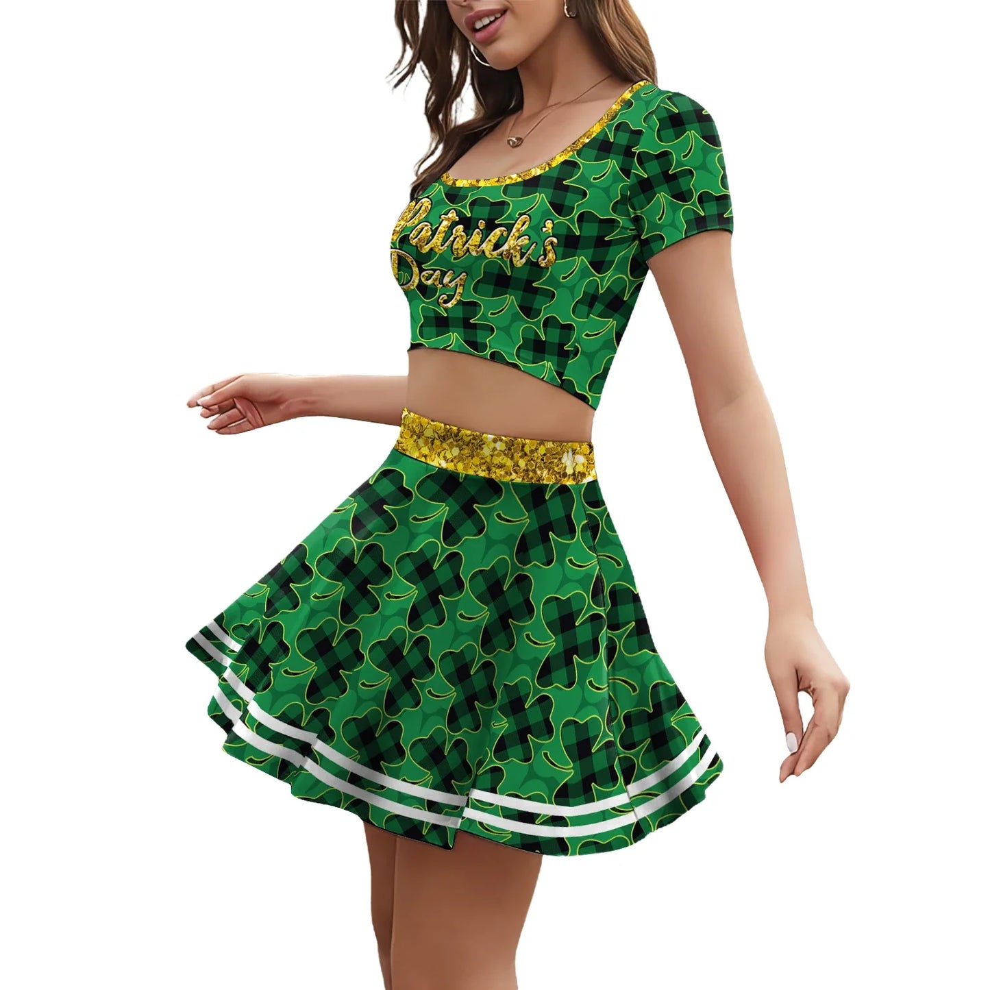 Festive Irish Green Shamrock Plaid Knit Skirt Set for Women