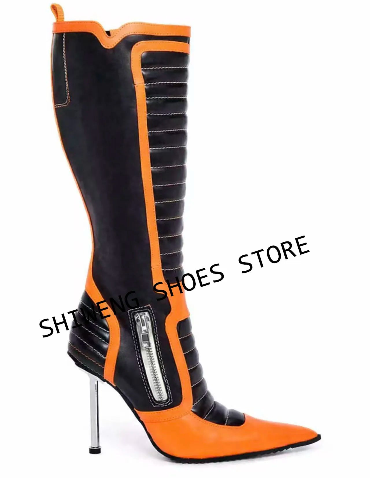 Women Black Pink Patchwork Knee High Boots Pointed Toe Stiletto Heel Zipper Up Fashion Moto Boots Party Clubwear Prom Shoes 44