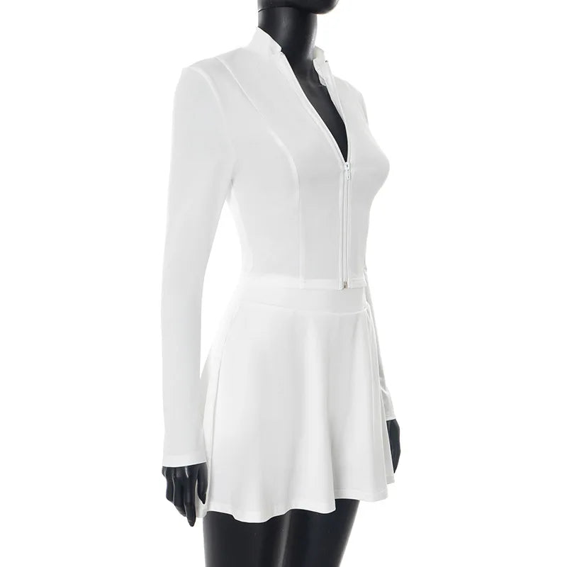 FAGADOER Sexy Sporty 2 Pieces Set for Woman Zipper Long Sleeve Jacket Tops + Pleated Skirts Tracksuits Female Streetwear 2025