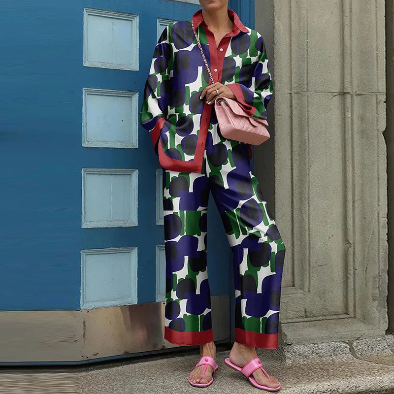 Vintage Printed Two Piece Trouser Suit Set for Women