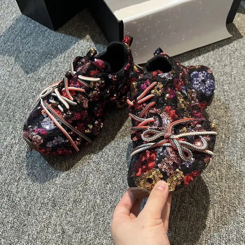 Sparkling Crystal Platform Lace Up Sneakers for Women