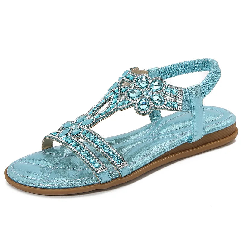 Bohemian Rhinestone Openwork Flat Sandals For Women